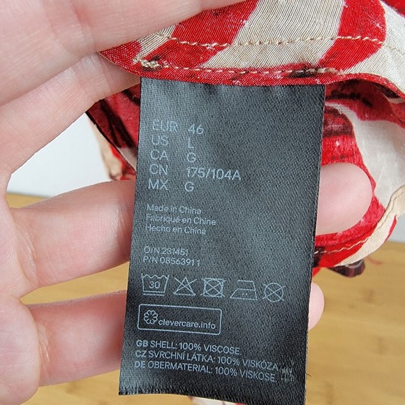 H&M Johanna Ortiz Dress Red Beige Floral Leaves Print Ruffles Short Sz L Open - Picture 7 of 8